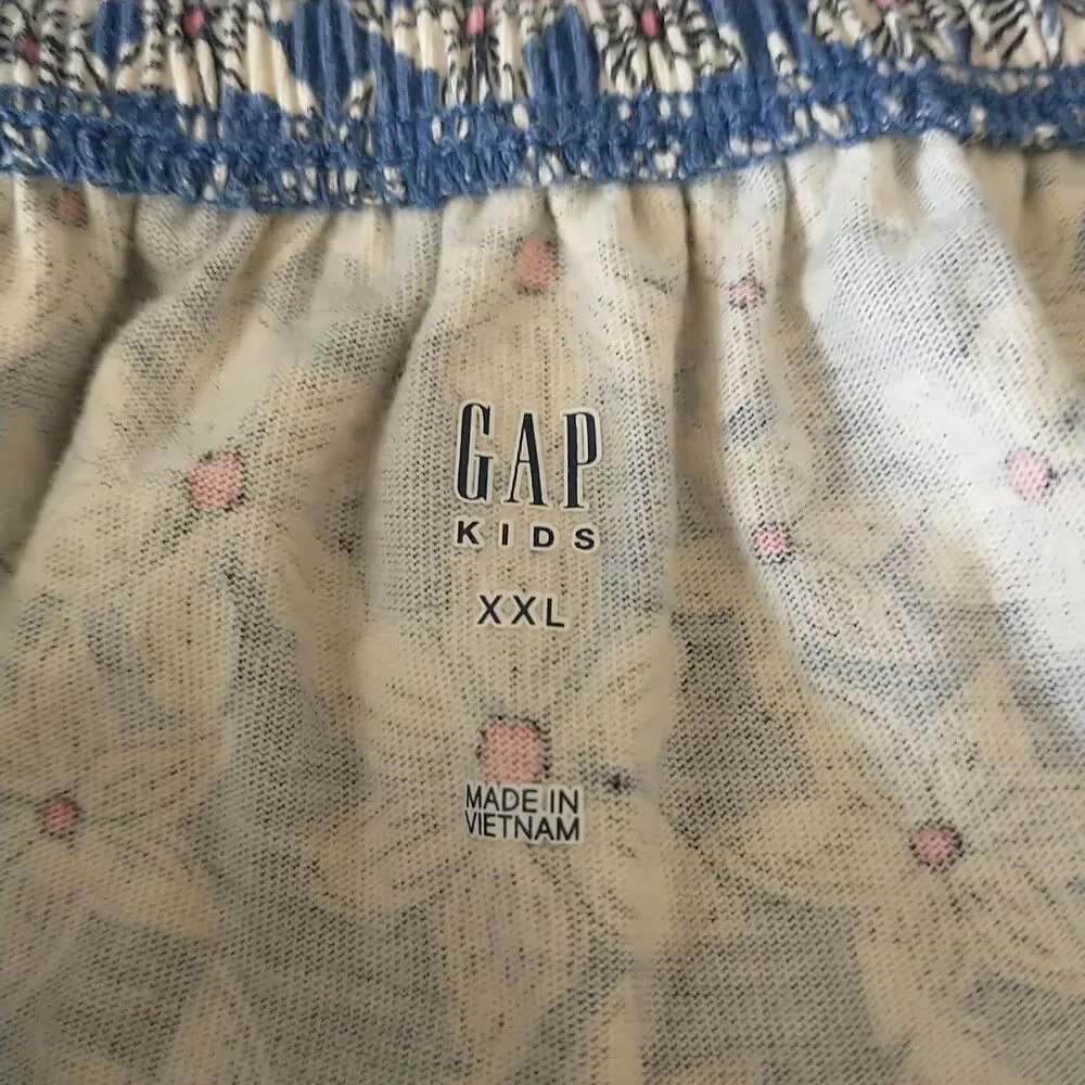 Gap Dress Girls XXL Blue Floral Elastic Waist Round Neck Short Sleeve Cotton